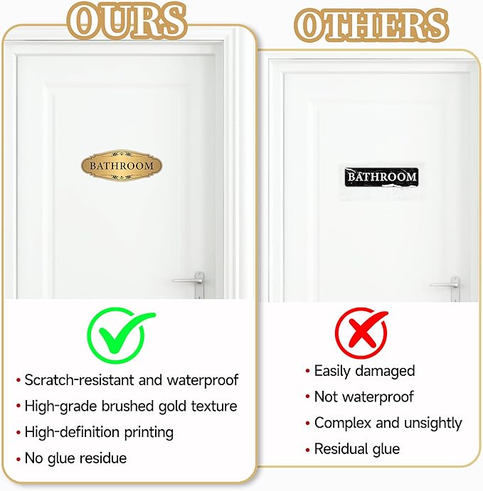 Bathroom Sign Sticker for Business and Home，Self-adhesive Brushed Gold Bathroom Decor for Door，Waterproof Vinyl Restroom Sign for House, Office, Shop