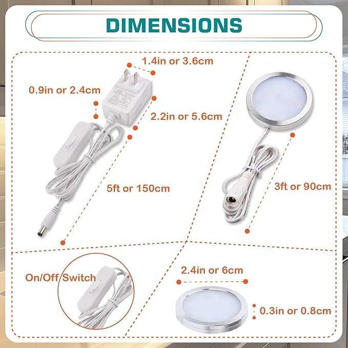 Lvyinyin Single Under Cabinet Puck Light, Collection Display Cases Bookshelf Counter LED Lighting, 120V Electric Wired Wall Plug in, On Off Switch, White Cords, 2 Packs, Daylight