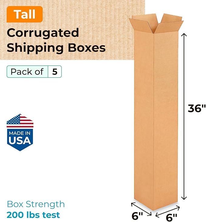 Tall Moving & Shipping Boxes 6 x 6 x 36 inches (5-Pack) - Extra Strength 200 lb vs Regular - Corrugated Cardboard Boxes for USPS/UPS/FEDEX - Tall Moving Box - Durable Moving Box by IDL Packaging
