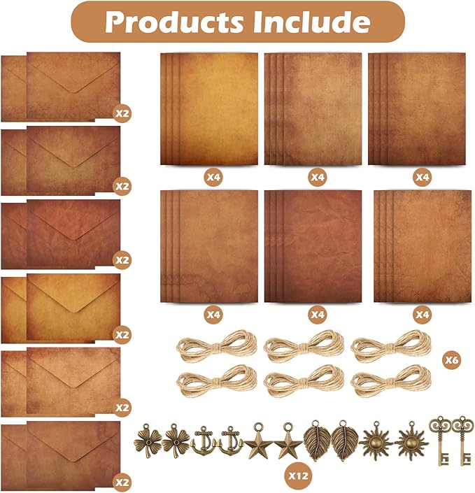 Stationary Paper and Envelopes,Letter Writing Stationery Set,Includes Vintage Papers,Vintage Envelopes,Retro Accessories,Ropes(60 Pieces)