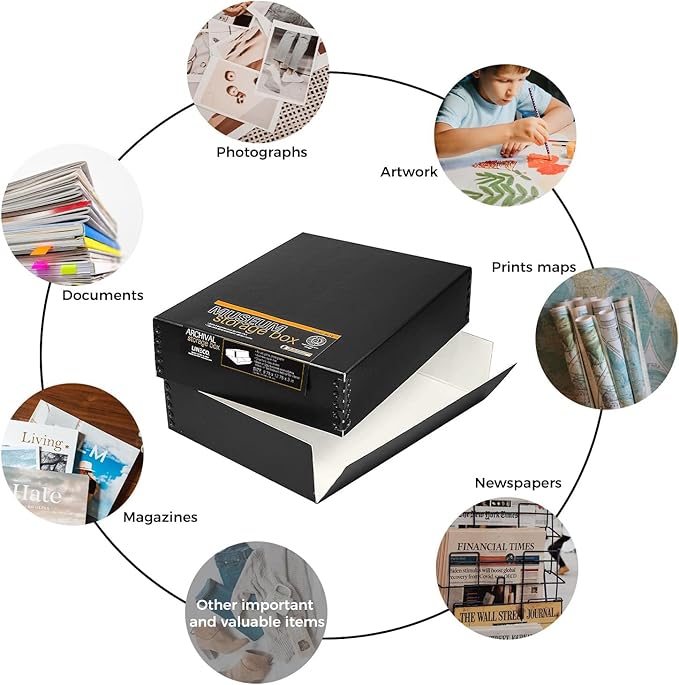 Lineco Museum Archival Storage Box, 9.75x12.75x3 in. Drop Front Design. Acid-Free with Metal Edge. Organize Photos, Pictures, Prints, Documents, Crafts, DIY. Black, 2 Pack