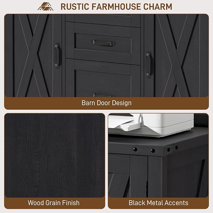 Vabches File Cabinet with 3 Drawers, Farmhouse Lateral File Cabinet Fits Files Letter/A4 Size, Wooden Filing Cabinet with Door and Adjustable Shelves Printer Stand for Home Office, Rustic Black