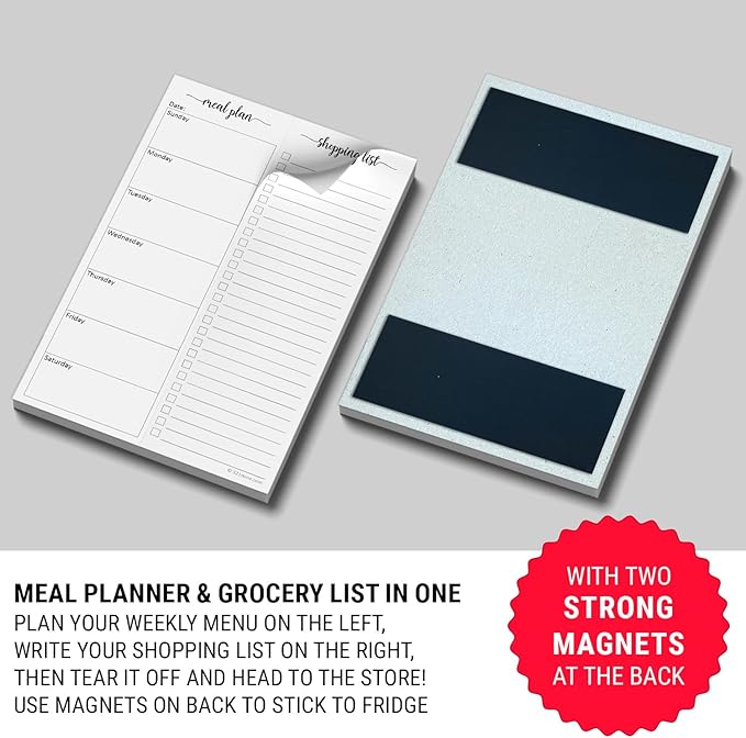 321Done Magnetic Meal Planning Pad, 5.5x8.5, Meal Plan Grocery List Combo, Made in USA, Weekly Menu Plan with Tear-Off Shopping List, Magnet to Stick to Fridge, 50 Perforated Pages, Sunday Start