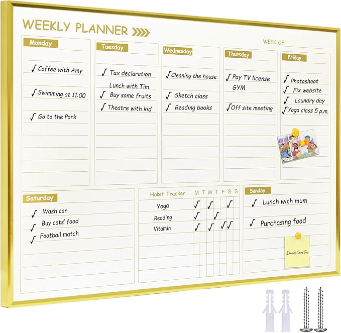 Large Weekly Dry Erase Board for Wall,20"x28",Gold Aluminum Frame Magnetic Weekly Planner Whiteboard for to Do List, Memo, School, Home, Office, Kitchen
