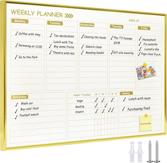 Large Weekly Dry Erase Board for Wall,20"x28",Gold Aluminum Frame Magnetic Weekly Planner Whiteboard for to Do List, Memo, School, Home, Office, Kitchen