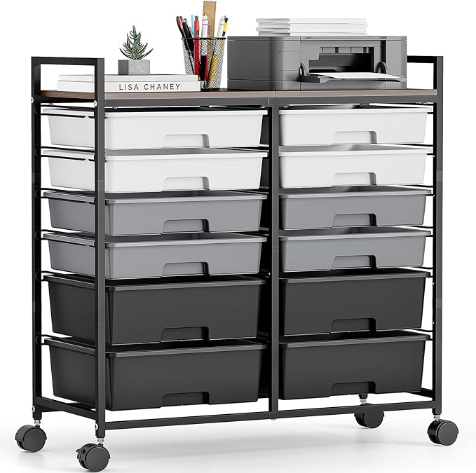 Rolling Storage Cart with 12 Drawers, Wooden Tabletop Utility Cart for Craft Storage, Art Supply Storage & Home Office Organization, Teacher Cart with Wheels for Classroom Organization, School (Grey)