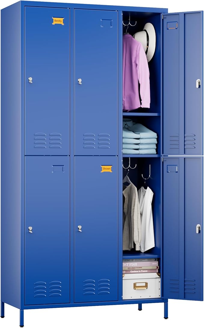 SUPEER 6 Doors Metal Locker for Employees with 18 Hooks and Business Card Holder,Metal Locker with Ventilation Holes for School Garage Office Gym Home,Assembly Required,Blue