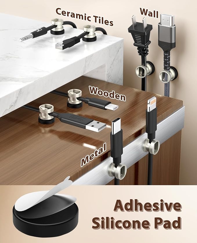 Viaky Magnetic Cord Holder Charger Holders for Cords Metal Cable Management Adhesive Cable Clips Office Desk Accessories Wire Holder Organizer Neatly for Nightstand Office Car Desk(3 Pack)