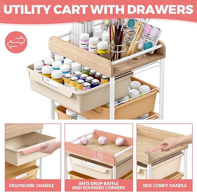 Rolling Storage Utility Cart With 6 Drawers,Art Supply Craft Organizer,Sewing Makeup Organizer And Storage,Office Organization Wooden Tabletop,Rainbow