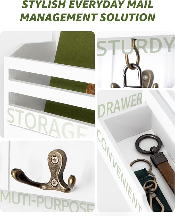 Rebee Vision Decorative Mail Organizer Wall Mount - Modern Key and Mail Holder for Wall with Drawer Organizer and 7 Key Hooks - Wall Decor Living Room for Apartment Essentials (White)