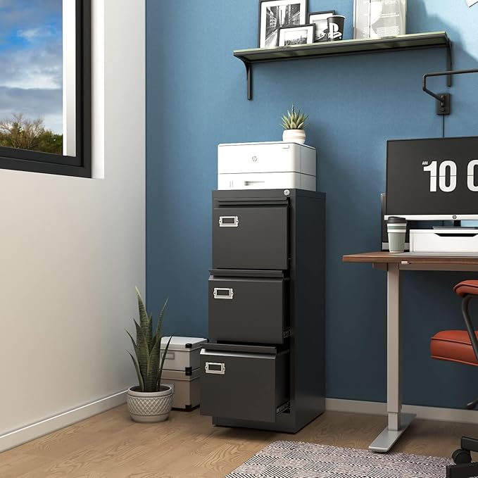 PEUKC 3-Drawer File Cabinet, 16.3" Deep Vertical Filing Cabinet with Lock, Metal File Cabinet for Home Office, Anti-Tip 3 Storage Drawers for Letter/Legal/A4/F4 Size, Assembly Required, Black