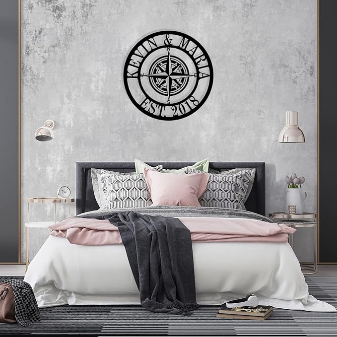 Metal Name Signs Personalized, Compass Metal Sign, Nautical Compass GPS Coordinates Metal Sign with Last Name Date, Personalized Wall Decor, Personalized Wedding Gift