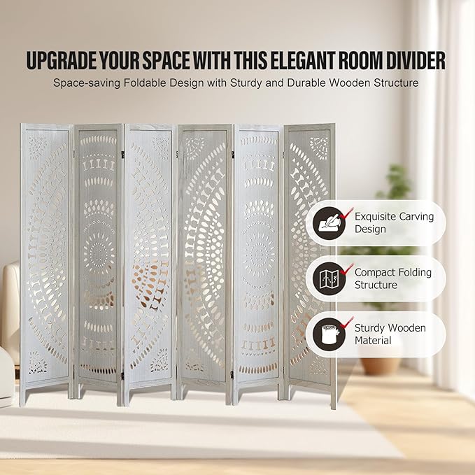 ALeesing 6 Panel Wood Room Divider Fully Assembled, Decorative Room Dividers and Folding Screens, 5.6Ft Room Divider Screen Freestanding Partition Wall Dividers for Home Bedroom Office, White