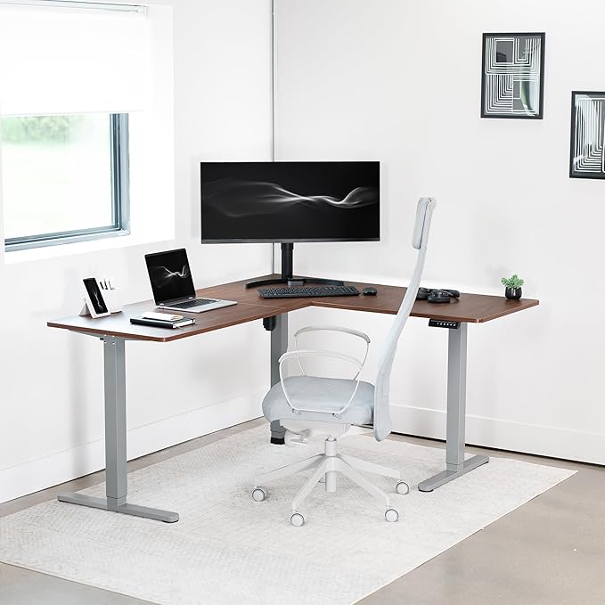 VIVO Electric Corner 63 x 55 inch L-Shaped Standing Desk, Memory Height Adjustment, Dark Walnut Top Gray Frame, DESK-E3CTGD