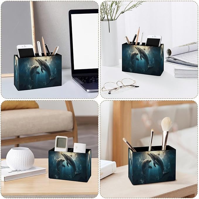 Famame Couple Dolphins Underwater Pencil Holder for Desk, Leather Desktop Container Pen Cup Storage Study Table Pen Organizer Makeup Brush Holder for Classroom Office Home