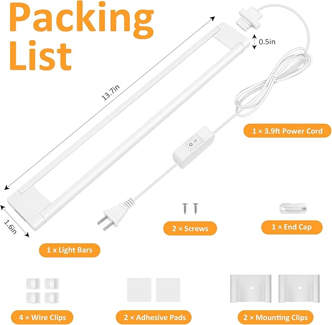 maylit Under Cabinet Lighting Plug in, 14 Inch Linkable Ultra Bright LED Light Bar, Renter Friendly Lamp, Wired 110V 120V Indoor Lights for Kitchen Cabinet, Counter, Workbench, Desk, Shelf, Warm White