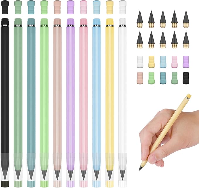 HOTUT Infinity Pencil,10PCS Inkless Pencil Forever Pencils with 10 Replaceable Nibs and Extra Erasers, NO-Sharpening Pencils for Students for Writing Drawing Home Office School Supplies