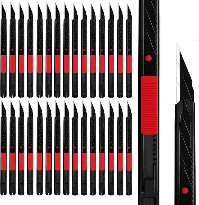 MANUFORE 30pcs 9mm Snap-off Knives with Safety Auto-lock, Metal Handle, Black Blade, Lightweight Portable Retractable Cutter for office, school, daily works