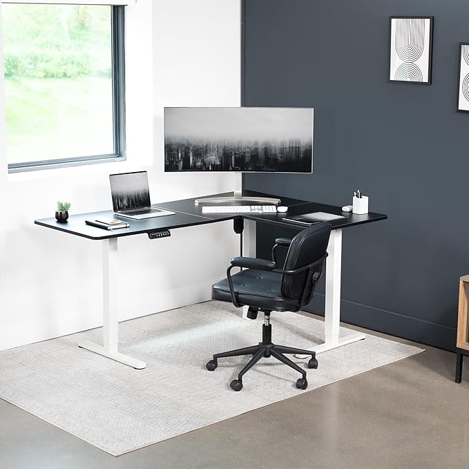 VIVO Electric Corner 63 x 47 inch L-Shaped Standing Desk, Memory Height Adjustment, Black Top White Frame, DESK-E3CTWB-47