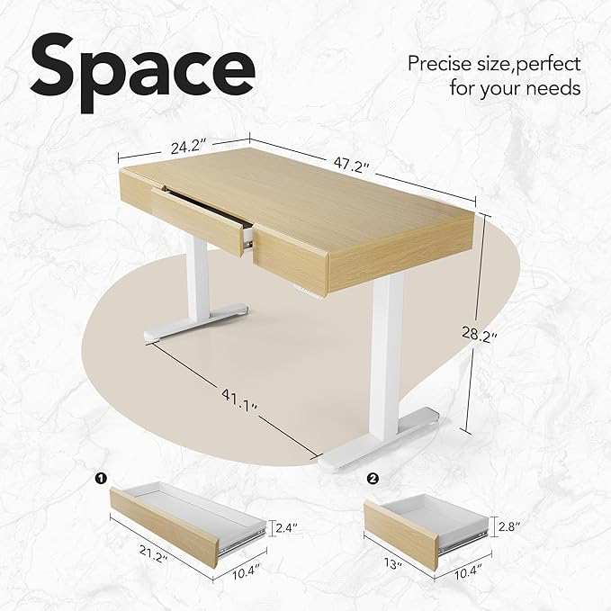 HUANUO 48 Inch Standing Desk with Drawers, Electric Adjustable Height Stand Up Desk with Storage, Whole-Piece Board Computer Workstation for Home Office, Light Walnut
