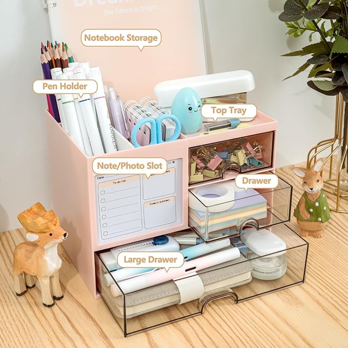 QIYVLOS Multi-Functional Desk Organizer with 3 Drawer and 8 Compartments, Pink