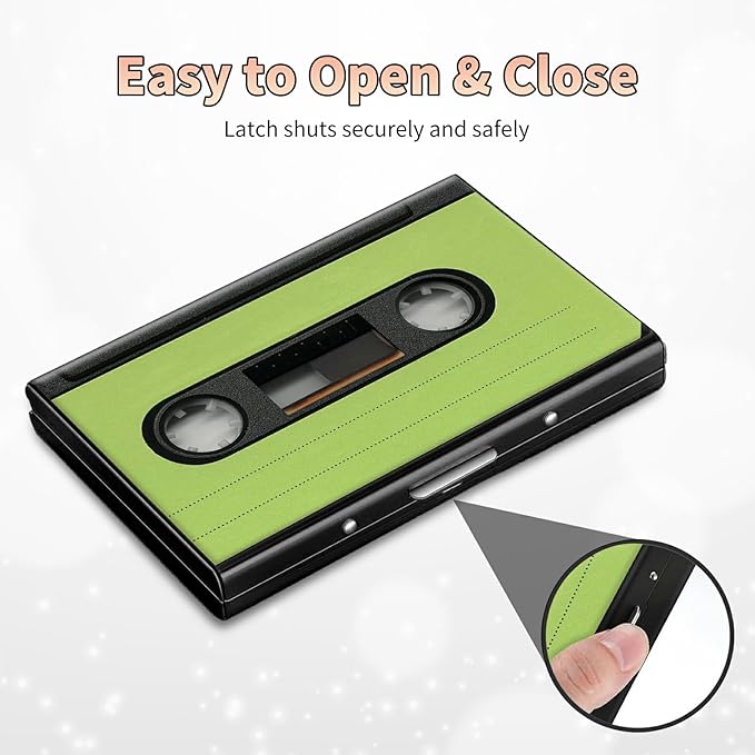 BWEGRHE Slim Credit Card Holder, Green Tape Cassette RFID Blocking Metal Wallet for Men & Women, Aluminum Minimalist Hard Case Pocket-Sized Business Cards Organizer (Fits Up to 10 Cards)