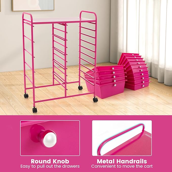 GOFLAME 15-Drawer Rolling Storage Cart, Craft Storage Cart with Removable Drawers & Lockable Wheels, Art Cart Supply Storage Organizer for Home Office Classroom, Hot Pink