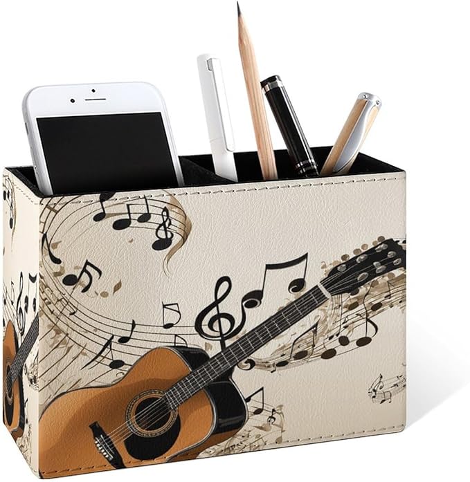 Famame Vintage Music Notes Guitar Pencil Holder for Desk, Leather Desktop Container Pen Cup Storage Study Table Pen Organizer Makeup Brushes Holder for Office Home