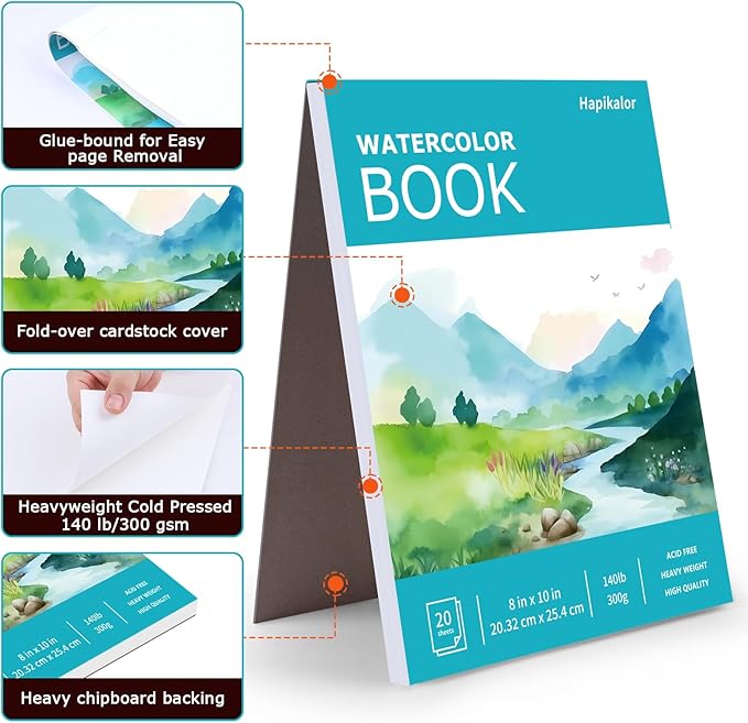 Hapikalor 8"x10" Watercolor Paper Pad, 1-Pack, 140lb/300gsm Artist Painting Drawing Paper Book, Art Supplies for Adults Kids, Watercolors, Watercolor Paint Set, Sketchbook, Journal, Teal