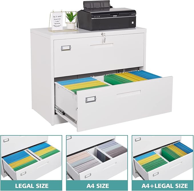 MIIIKO 2 Drawer Lateral File Cabinet with Lock, White Filing Cabinet for Home Office, Two Drawer Metal File Cabinet for Hanging Files Folders Letter/Legal/F4/A4 Size