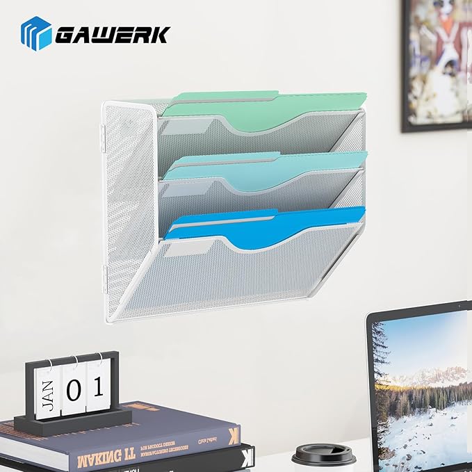 Gawerk 3 Tier Hanging Wall File Organizer, Mesh Mail Paper Orgnization Hanging File Folder Holder for Home Office, White