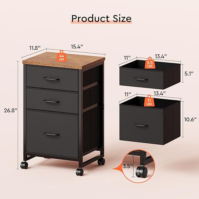 Maihail 3 Drawer Mobile File Cabinet with Wheels Fabric Vertical Filing Cabinet fits A4 or Letter Size for Home Office,Rustic Brown