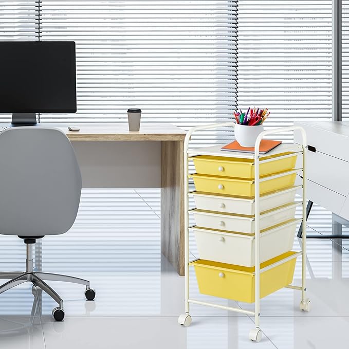 RELAX4LIFE 6-Drawer Rolling Storage Cart - Classroom Organization on Wheels w/Removable Plastic Drawers, Mobile Art Craft Cart for School Paper Home Office, Utility Cart with Drawers (Yellow)