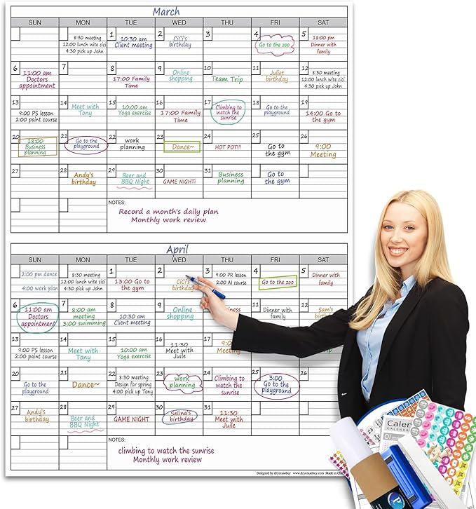 Magnetic-Receptive Dry Erase Two Month Laminated Jumbo Wall Calendar, 38" x 50",Big Whiteboard Calendar with Iron Sheet Backing-Works with Magnetic Markers Eraser, Giant Blank Poster with Square