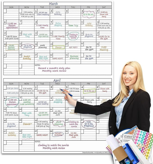 Magnetic-Receptive Dry Erase Two Month Laminated Jumbo Wall Calendar, 38" x 50",Big Whiteboard Calendar with Iron Sheet Backing-Works with Magnetic Markers Eraser, Giant Blank Poster with Square