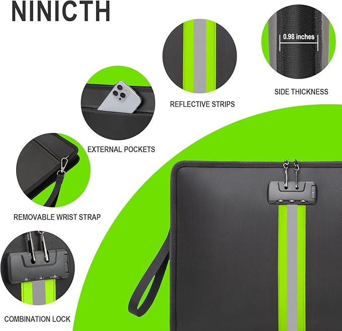 NINITCH Fireproof Document Bag with Lock, Non-Itchy Silicone Coated Fire Resistant Money Bag for Cash, Waterproof Safe Storage Pouch Organizer for A4 Legal Documents, Passport, Jewelry & Tablet