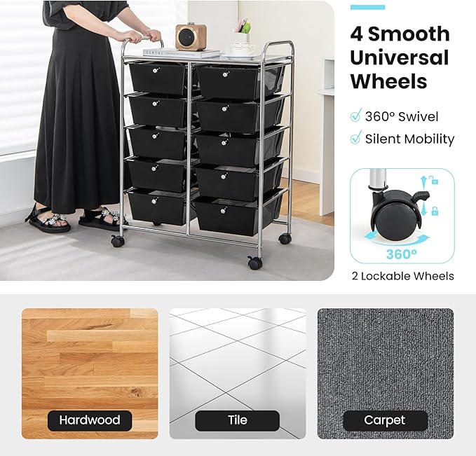 GLACER 10 Drawer Rolling Cart, Storage Cart with Lockable Whieels & Metal Frame, Trolley for Art Craft Oganizer, Mobile Utility Cart for Office, School, Classroom, Kitchen (Black)