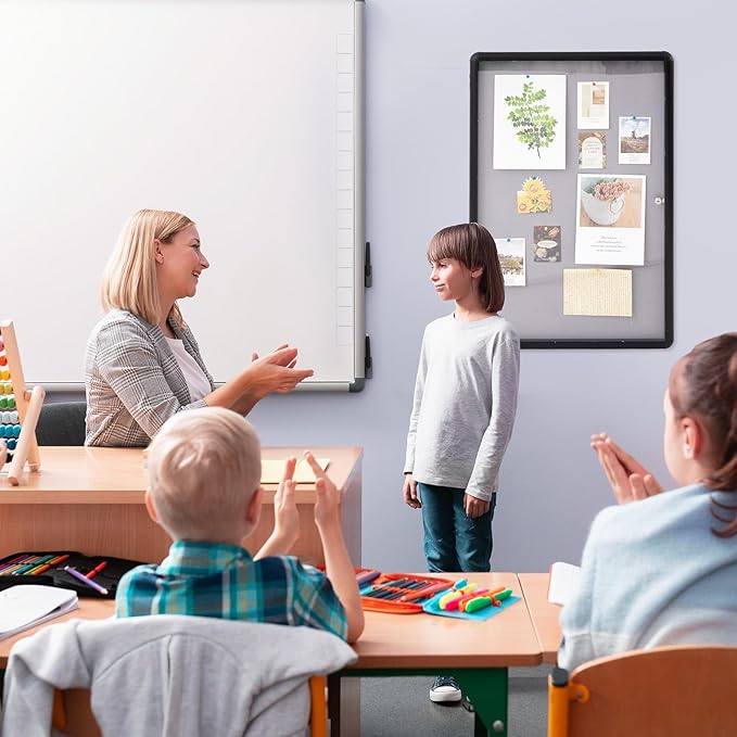 Geetery 36 x 24 Inch Enclosed Fabric Bulletin Board Tamperproof Lockable Noticeboard Fabric&Aluminium Frame Display Cases Wall-Mounted Display Case for School, Office - Secure, Durable