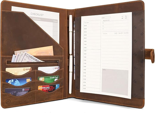 Full Grain Leather Portfolio with Magnetic Closure, Professional Business Padfolio Organizer for Men Women, A4 Document Folder, Card Slots, Pen Loop, 10x13", Luxury Gift Set