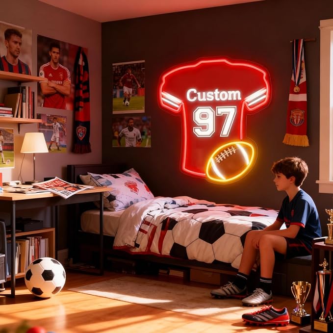 Custom Football Jersey Neon Signs for Wall Decor,Personalized Team Number Name Sport LED Light Up Sign for Football Lovers Birthday Gifts LED Signs for Party Bar Man Cave Fan Club