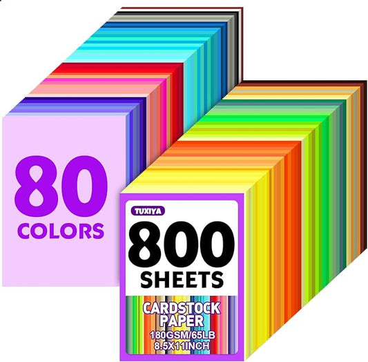 800 Sheets 8.5" X 11" Colored Cardstock, 80 Assorted Colors 180 GSM/65 LB Construction Paper Card Stock Printer Paper for Printing, Card Making, DIY Crafts, Kids School Supplies,Party Decorations