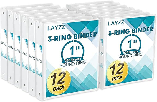 3 Ring Binder, LAYZZ 12 Pack 1 Inch Binders 3 Ring with 2 Pockets, Round Ring Binders, Clear Cover Binders for Letter Size 8.5"x11" Paper, PVC Free, Suitable for School Home and Office (White)