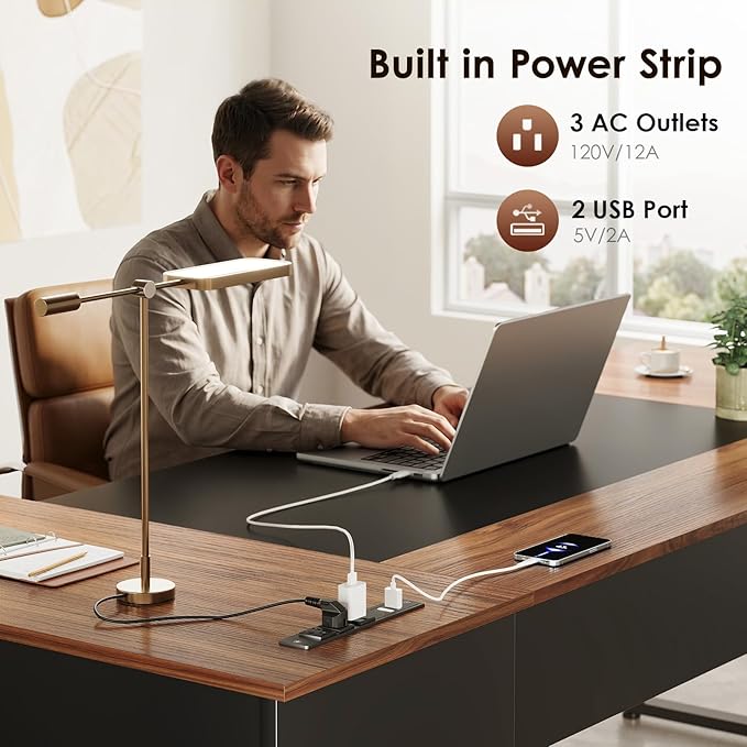 AODK 71 Inch Executive Desk, L Shaped Desk with Drawers and File Cabinet, Large Office Desk with Storage Shelves, Corner Computer Desk for Home Office, Walnut + Black