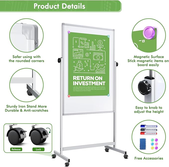 Rolling Whiteboard on Wheels, 32x48 Inches Double-Sided Magnetic Dry Erase Board with Stand, Height Adjustable Mobile White Board Easel for Classroom Home Office