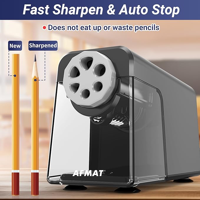 AFMAT Electric Pencil Sharpener Heavy Duty, 6 Holes, Auto Stop Pencil Sharpener, Classroom Electric Sharpener for 6-11mm Colored Pencils, 7000 Sharpenings, Fast Sharpen, Do not Eat up Pencils PSX1