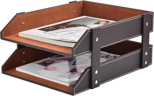 XNONE Leather Desk Organizer,2-Tier Stackable Letter Tray Holder,Office Supplies Desktop Storage Box for Document,Stationery,Magazines,Newspapers,Letters and Other Home Office Paper Sundries,Coffee