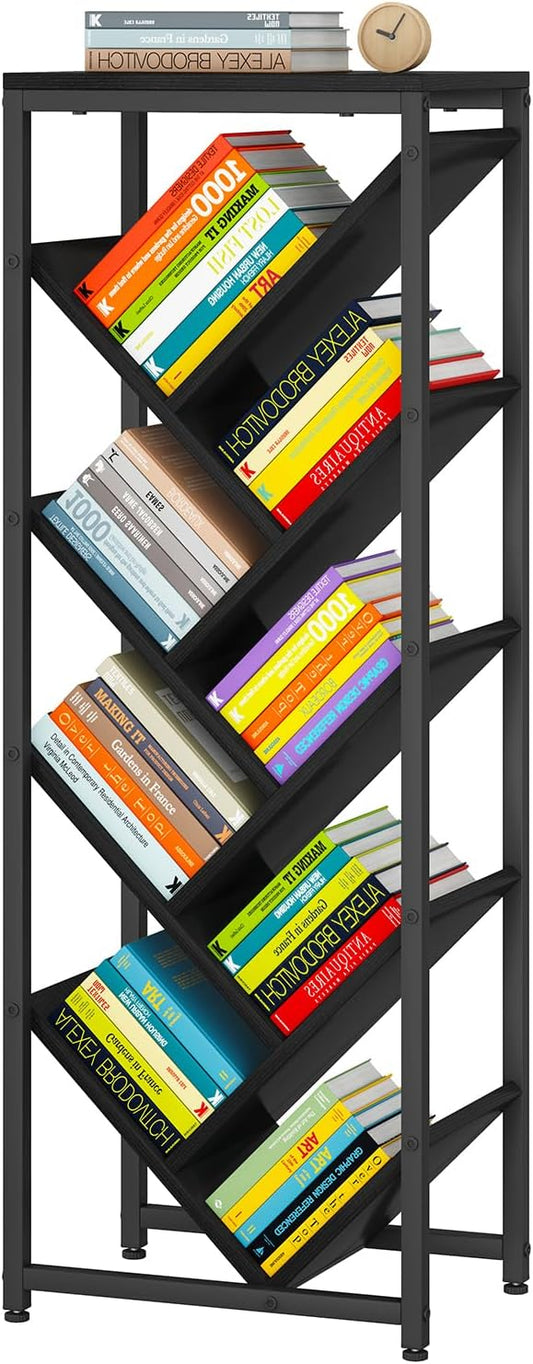 IBUYKE 9 Tier Tree Bookshelf, Floor Standing Wood Bookshelf for Narrow Space, Storage Organizer Bookcase for Books/CDs/Movies, Small Corner Bookcase for Bedroom Living Room,Black,TBC002B