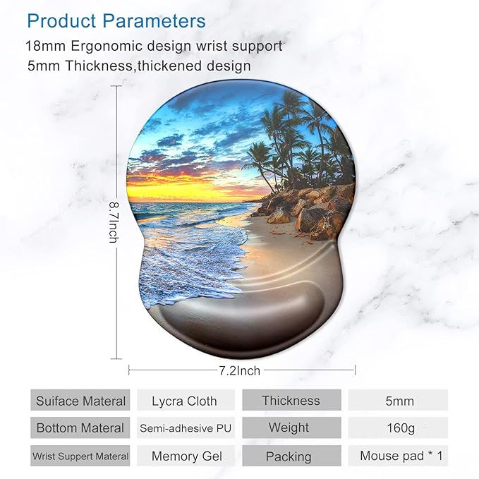 ITNRSIIET Ergonomic Mouse Pad with Gel Wrist Support Small Wrist Rest Smooth Surface Non-Slip PU Base Comfortable Office Supplies Pain Relief, 8.7 x 7.2 inches, Beach