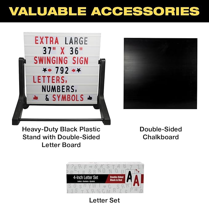 Excello Global Products Swinging Changable Message Sidewalk Sign: 37" x 36" Sign with 792 Pre-Cut Double Sided Letters and Storage Box. Includes Black Sign Board & 4 Liquid Chalkboard & Letter Board