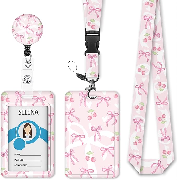 Cute Bow Lanyards for ID Badges, Badge Holder with Lanyard Detachable, Badge Reel Retractable Keychain Clip, Vertical Cruise Ship Cards Holder Protector Name Tags, Teacher Nurse Office Women Gifts